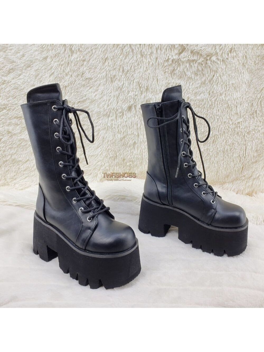 Ashes Black Matte Platform Goth Punk Mid Calf Combat Boots - Picture 10 of 14